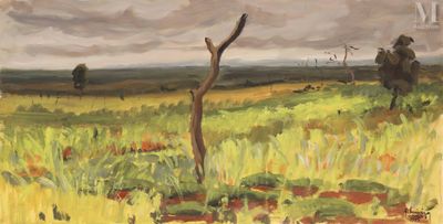 une peinture à l'huile représentant un champ avec des arbres et de l'herbe