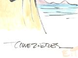 a drawing of a man holding a surfboard on the beach