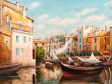 une peinture représentant un bateau dans l'eau à côté d'un bâtiment