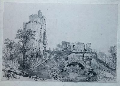 un vieux dessin en noir et blanc représentant un château sur une colline