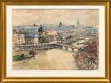 an image of a painting of a view of a city with a bridge