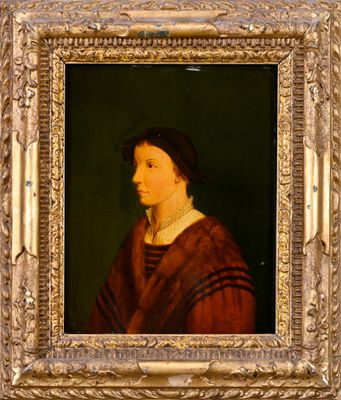 portrait of a woman in a red dress in a gold frame