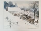 a picture of a painting of a farm in the snow
