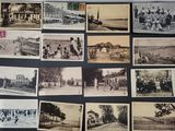 several old black and white photographs of people in front of a building