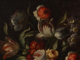 a painting of flowers in a vase on a table