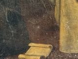 an old painting of a man in a yellow robe holding a book