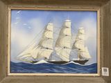 une peinture à l'huile représentant un grand voilier en pleine mer, avec des oiseaux qui volent tout autour