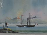 une peinture représentant un bateau sur l'eau, avec un homme debout à côté