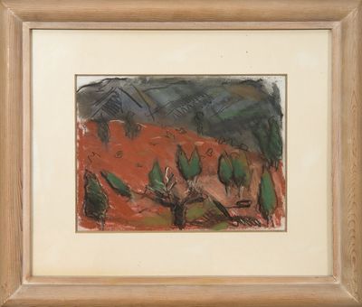 une image d'un tableau représentant un paysage avec des arbres au premier plan