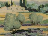 a picture of a painting of a house in the middle of a field