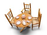 une table et des chaises, avec une théière posée dessus