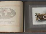 an open book with a picture of an old car and a picture of a woman in a car