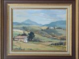 a painting of a landscape with a house and mountains in the background