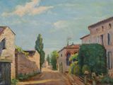 une peinture à l'huile représentant une rue d'une petite ville, avec des bâtiments et des arbres