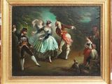 tableau représentant un homme et une femme dansant dans un décor boisé