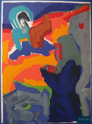 a painting of a woman and a dog on a blue background