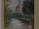peinture représentant une rivière avec une église en arrière-plan, accrochée au mur