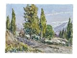 watercolor painting of a landscape with trees and mountains in the background