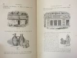 an open book with a picture of a building and a vase