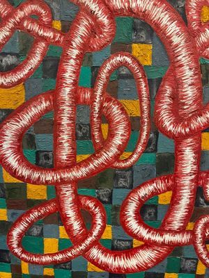 a painting of a red snake on a green and yellow checkered wall