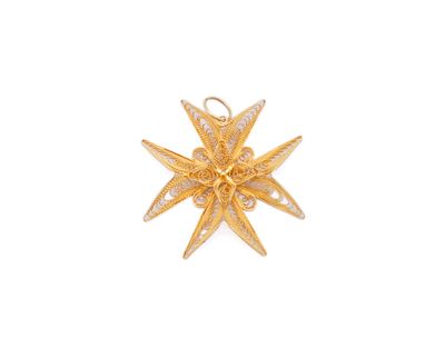a gold and diamond starburst pendant on a white background