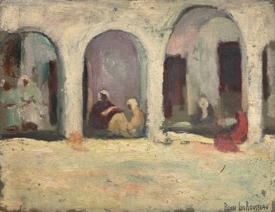 une peinture à l'huile représentant un groupe de personnes assises dans une pièce