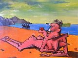 a painting of a man sitting on the beach