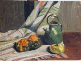 a painting of a teapot and two oranges on a table