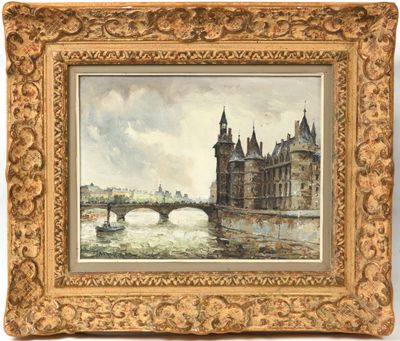 une peinture représentant un pont sur une rivière avec un château à l'arrière-plan