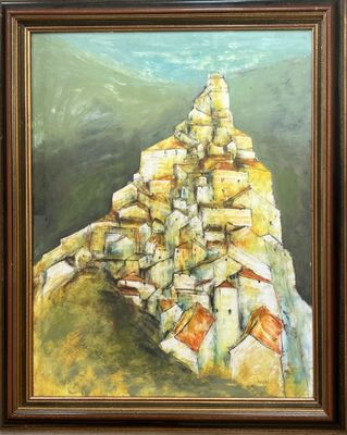 an oil painting of a village on a hill with a mountain in the background