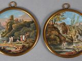 pair of paintings of a landscape with figures in a river
