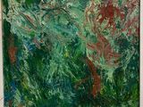 un tableau représentant une fleur verte et rouge dans un cadre blanc