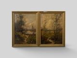 a pair of paintings of a river and trees in a gold frame