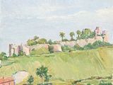 tableau représentant la vue d'un château situé sur une colline, avec des arbres au premier plan