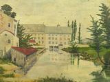 painting of a painting of a river with a building in the background