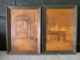 two framed pictures of a street with a building and a bridge