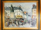 une peinture représentant une scène de rue avec une voiture à cheval