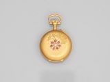 an image of a gold pocket watch with pink flowers on it