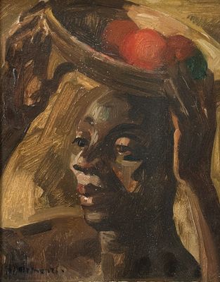 tableau représentant une femme avec un bol de fruits sur la tête