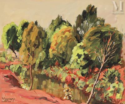 une peinture à l'huile représentant des arbres dans un champ au bord d'une rivière