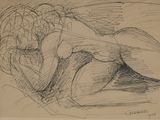 drawing of a woman laying on a bed with her head on a pillow