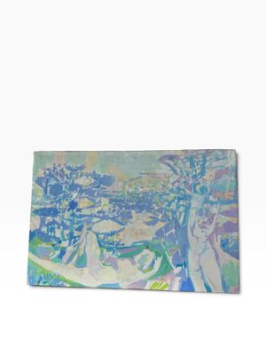 painting of a landscape with trees and a boat in the water