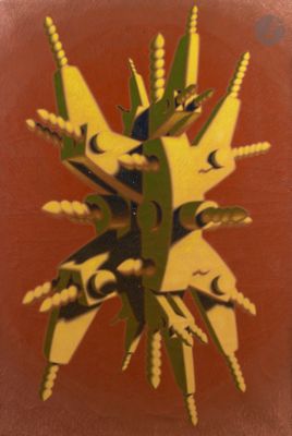 a picture of a painting of a flower on a red background