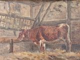 a painting of a cow standing in a barn