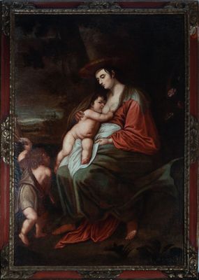 une peinture représentant une femme tenant un bébé sur ses genoux