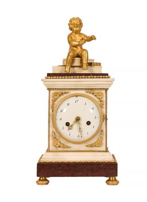 180 Pendule borne en bronze ciselé et doré, marbre blanc et …