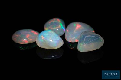 a group of white oplites sitting on top of a black surface