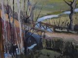 a painting of a bridge over a stream in the woods