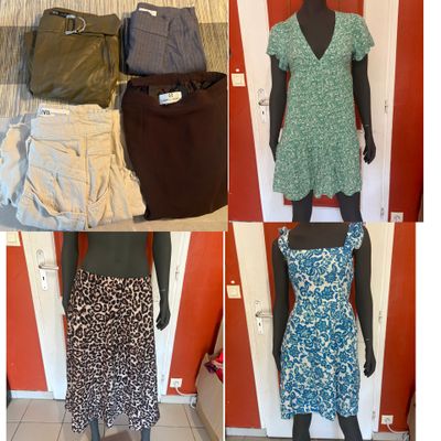 quatre photos différentes d'une robe et d'un sac à main de femme posés sur un mannequin