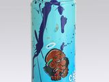 tableau représentant une bombe de peinture bleue sur laquelle figure l'image d'un homme